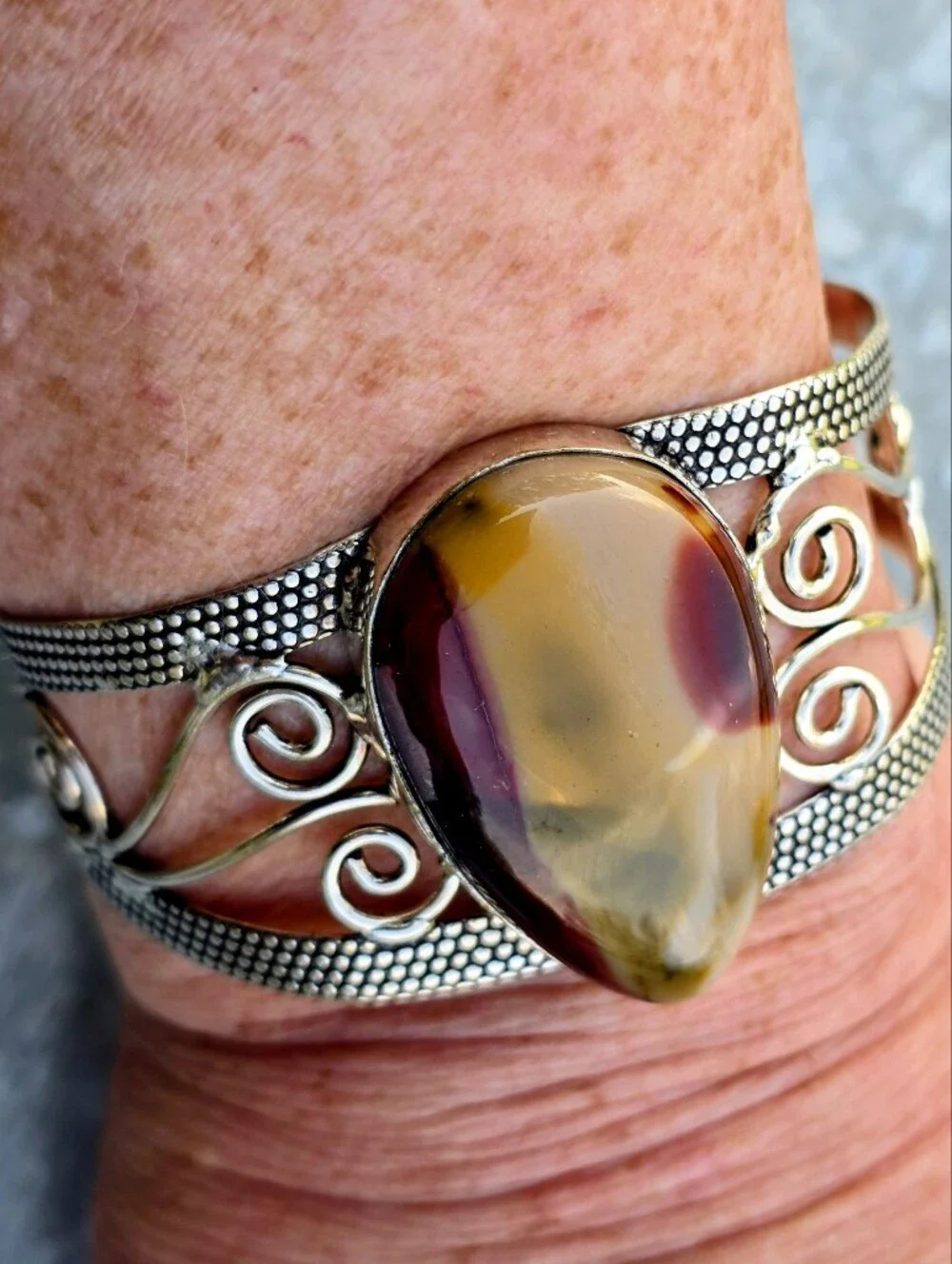 Mookaite Gemstone Cuff Bracelet In 925 Sterling Silver (Adjustable)